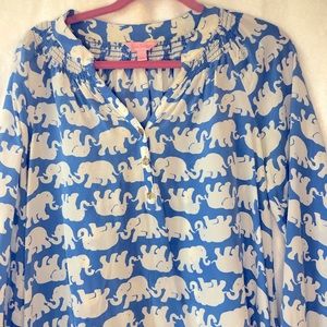 Lilly Pulitzer, Blue Elephant Silk Top Size L